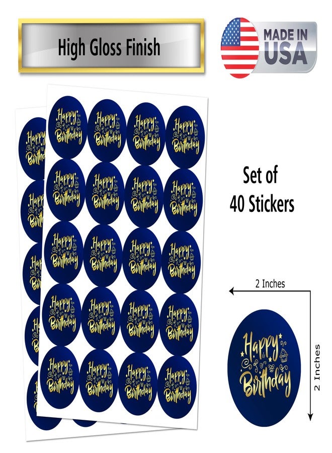 RokAPary 40 Happy Birthday Stickers, 2 Inch Big Round Glossy Labels, Great for Birthday Party, Gift Box, Gift Bag, Party Favors Décor, Tags, Games and Supplies. Made in USA. Blue - Image 3